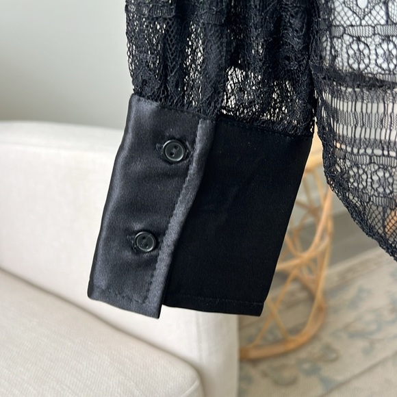 New Jason Wu Black Lace Satin Trim Raglan Sleeve Button Down Overshirt Blouse - Picture 9 of 16